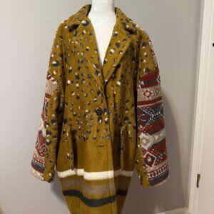 Boho Chic Patterned Fleece Coat - Earth Tones & Tribal Print, Size L